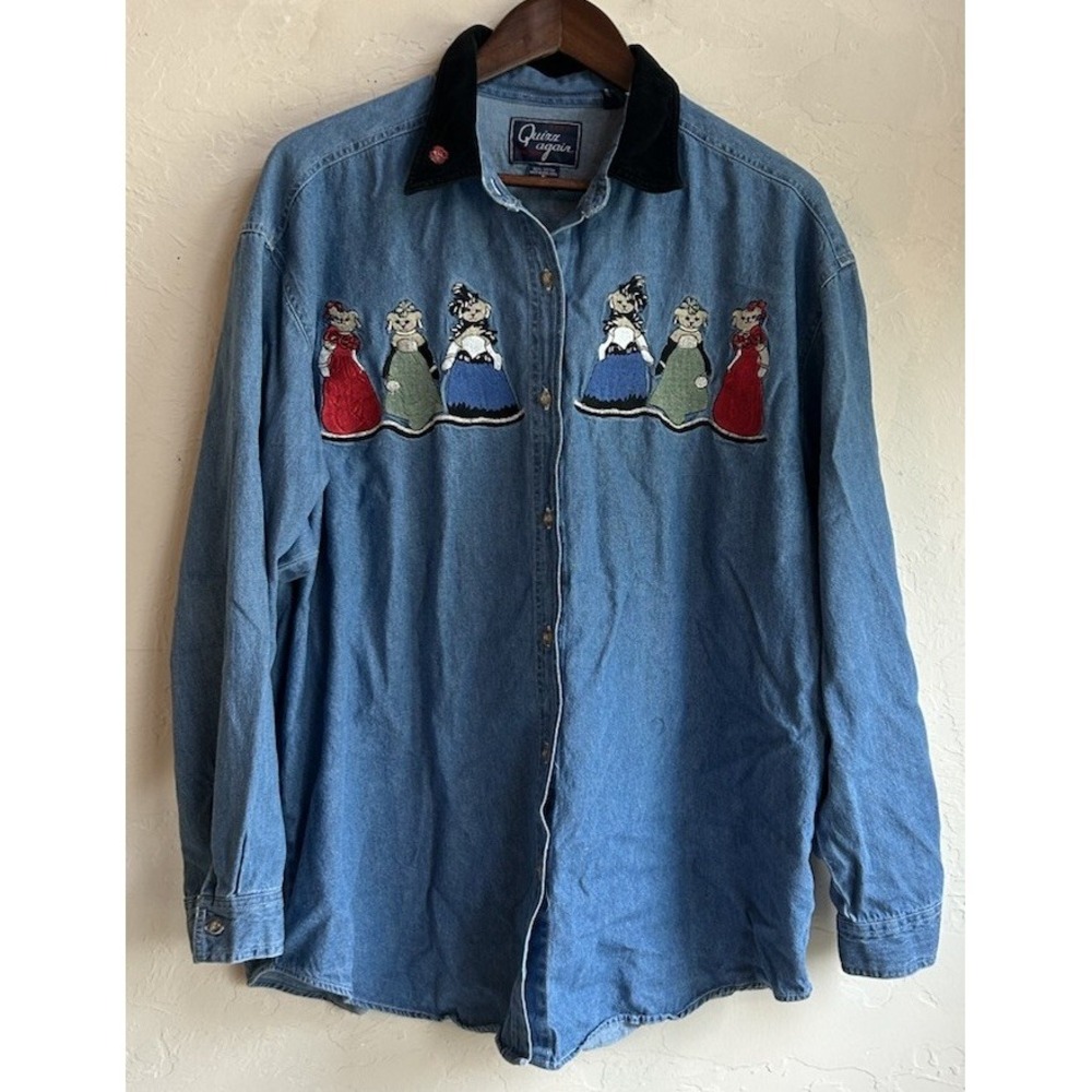 Vintage Quizz Again Denim Button Up Top XL Novelty Bears Retro 90s Embroidered